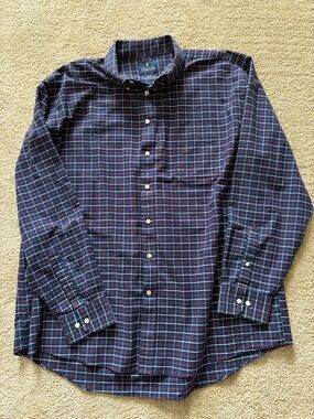 Stafford Navy Plaid Button-Down Shirt with Red and Teal Lines
